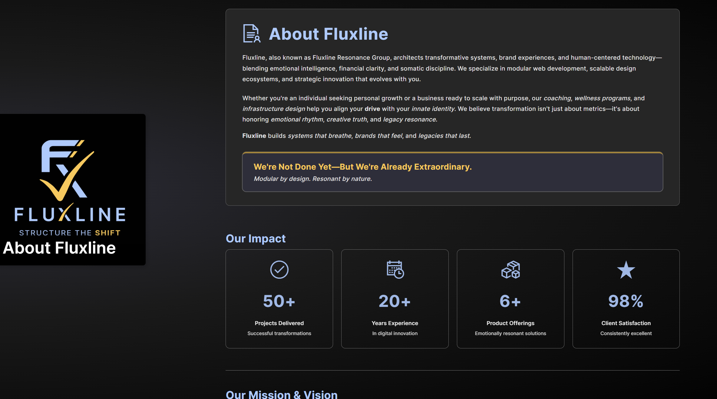 Fluxline 2.0 About page redesign, showing a modular, clearer, more refined look