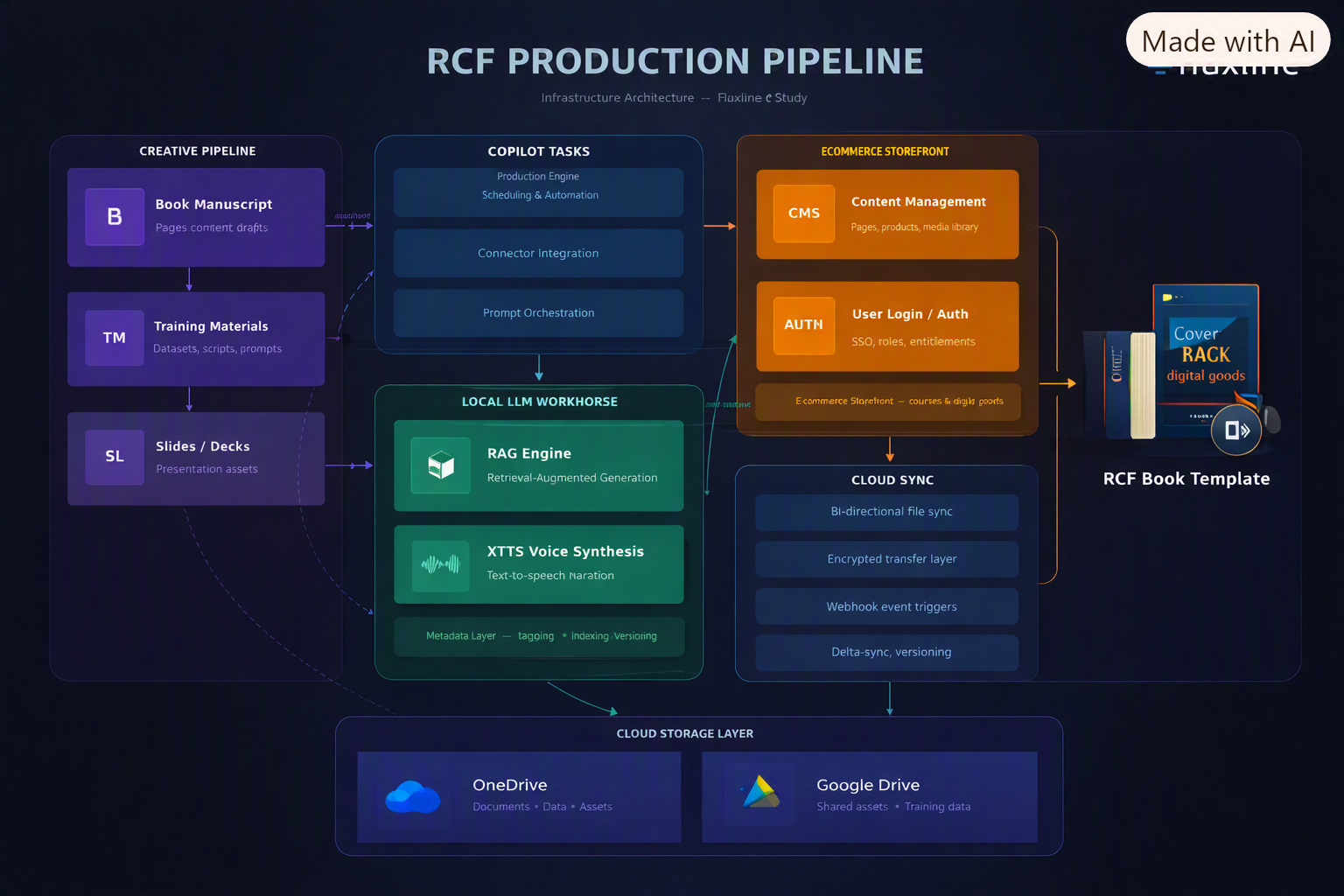 RCF Book Production Pipeline — nine-phase workflow diagram showing gate conditions, deliverables, and source-of-truth hierarchy